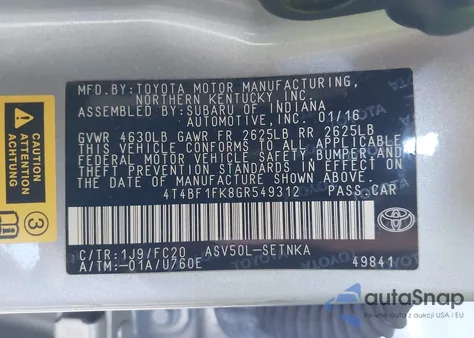 2016 Toyota Camry Le from USA, damaged, VIN 4T4BF1FK8GR549312